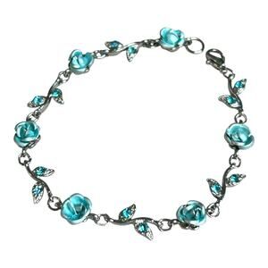 Light Blue Roses and Crystals Dainty Feminine Floral Silver Tone Bracelet